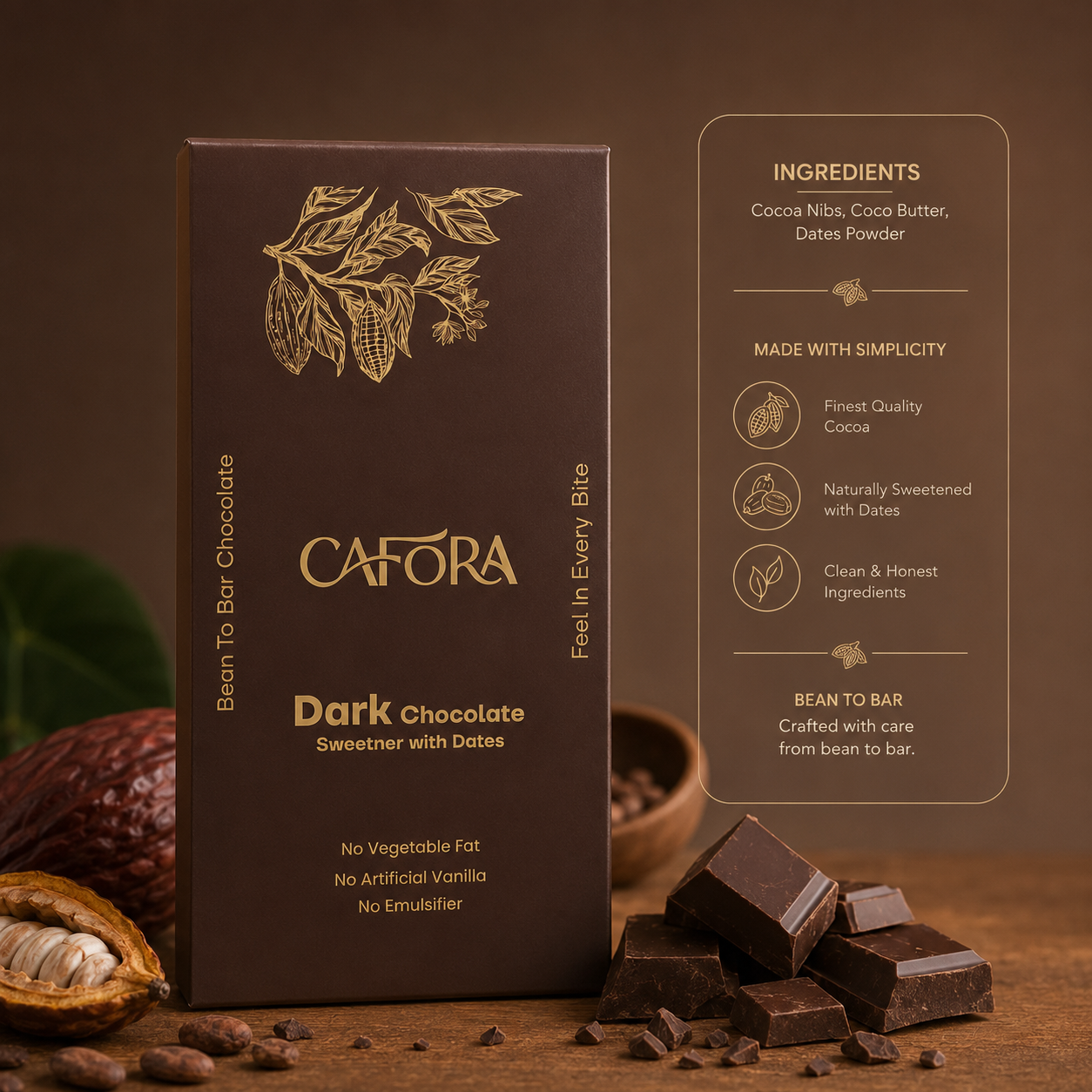 CAFORA Dark Chocolate | Sweetened with Dates | Bean to Bar | 48g