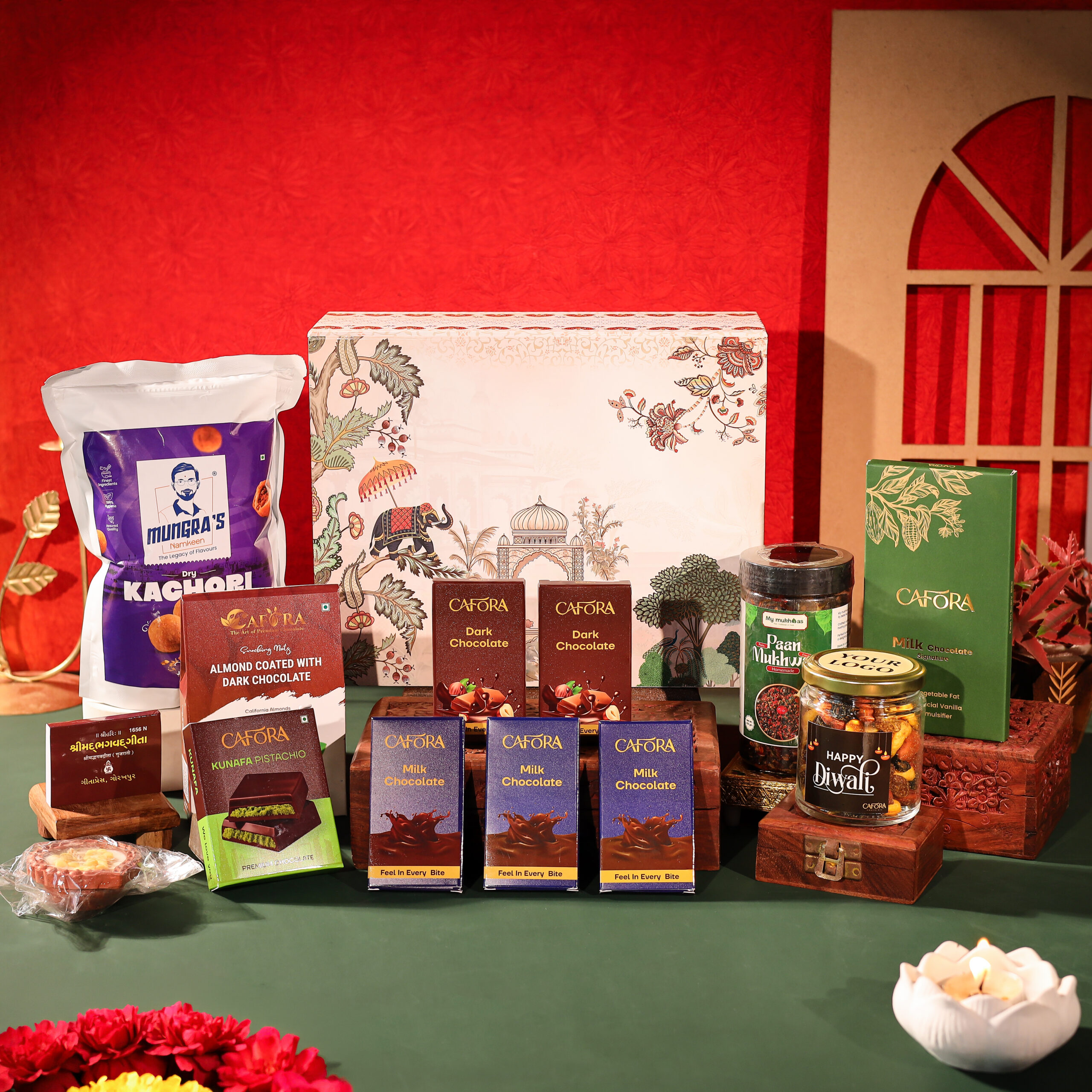 Premium Diwali Gift Hamper – Chocolates, Kachori, Dry Fruits, Mukhwas & Bhagavad Gita